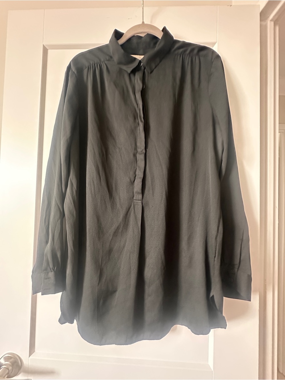 Black, Button-Front, Tunic Length, Long Sleeve Blouse
